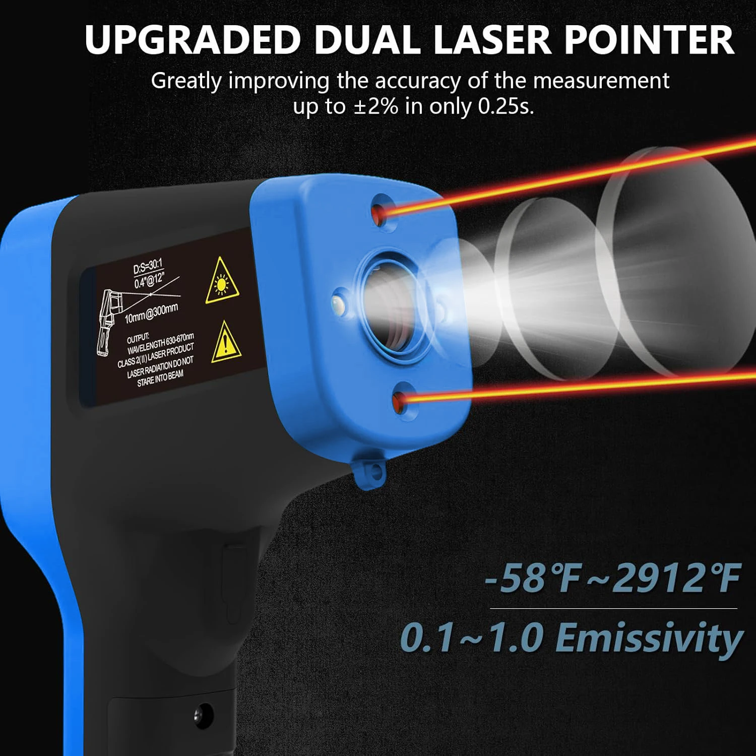 

Non-Contact Infrared Thermometer with Laser Targeting - Button-Operated Industrial/High-Temperature Surface Measuring Tool