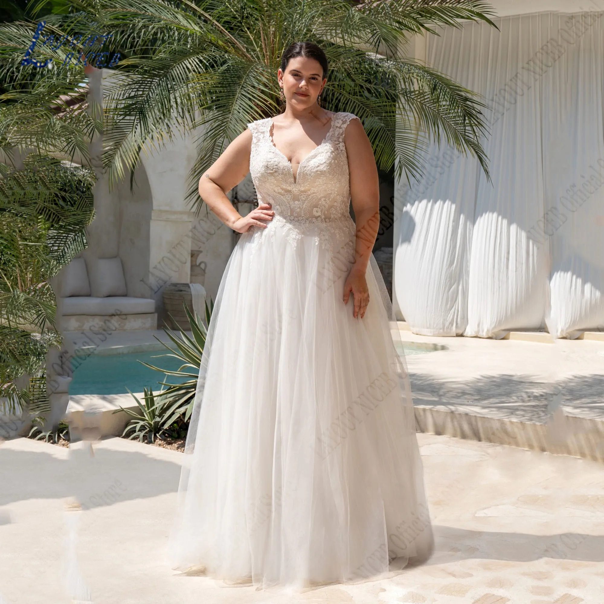 

LAYOUT NICEB Lace Wedding Dresses Plus Size Woman V-Neck Cap Sleeves Applique A-Line Civil Robe De Miée Lace Up Backless 2024