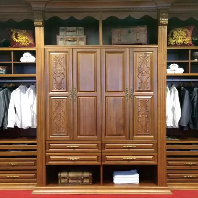 High-End Bespoke European Freestanding Solid Wood Wardrobe Custom Traditional Walk-in Closet Ornate Carvings Multi-Functional