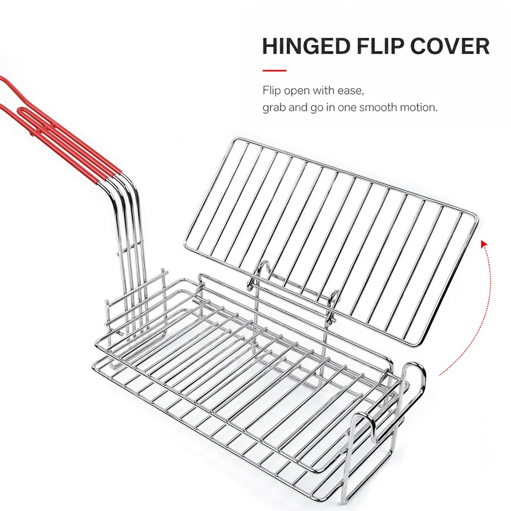 3‑Tier Metal Deep Fry Basket with Hinged Flip Cover Anti‑Scald Red Handle for Tortilla Taco Chips Home Restaurant Kitchen