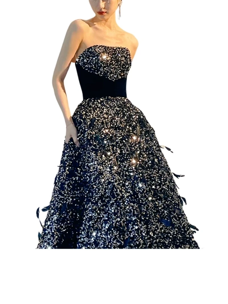 Black Shinny Luxury Celebrity Dress Strapless Sleeveless Ball Gowns Sequin Floor Length Slim Waist Evening Party Prom Gowns