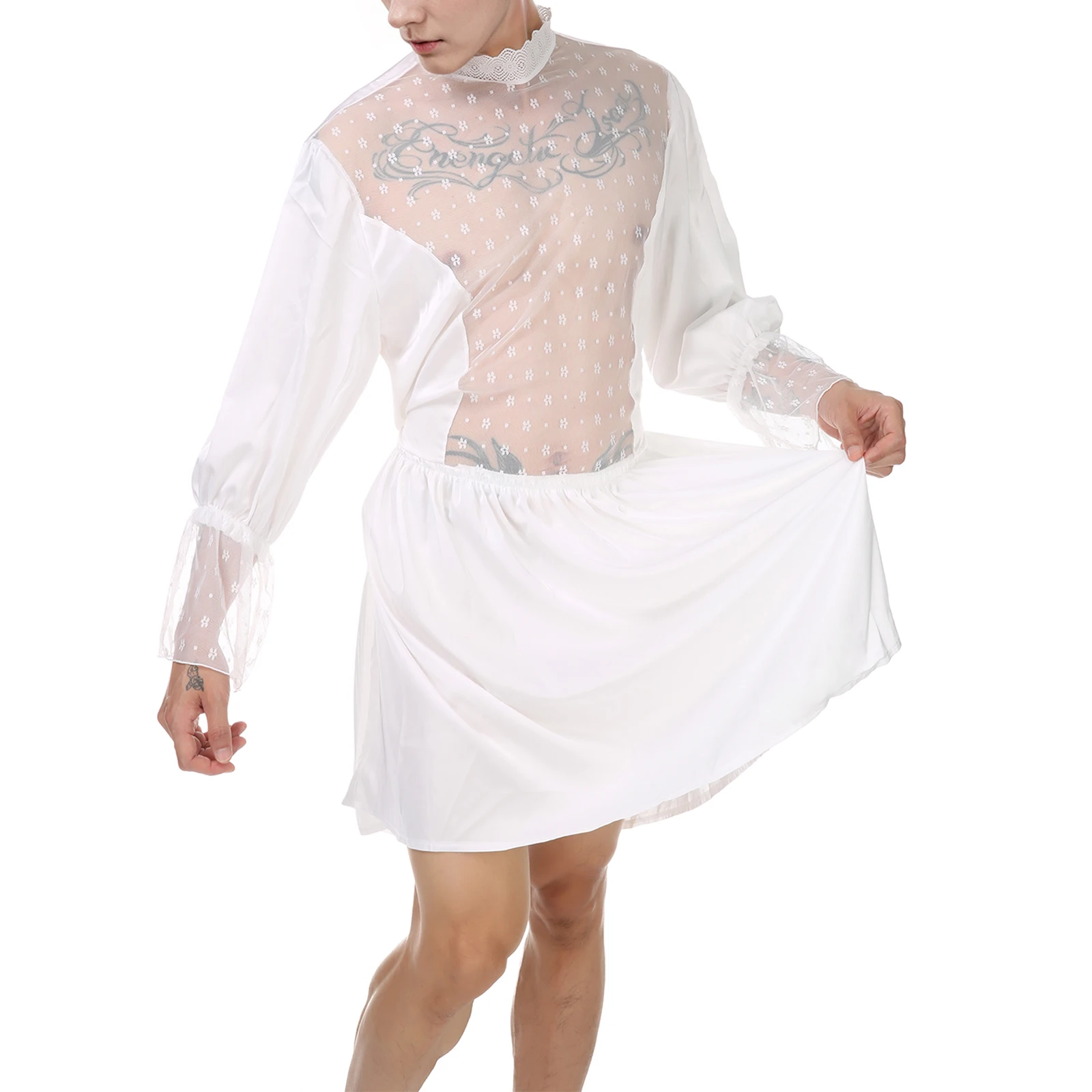 

Adult Male Bridal Dress Holiday Party Lace See-Through Wedding Dress Funny Cosplay Men Crossdress Stage Show Halloween Costume