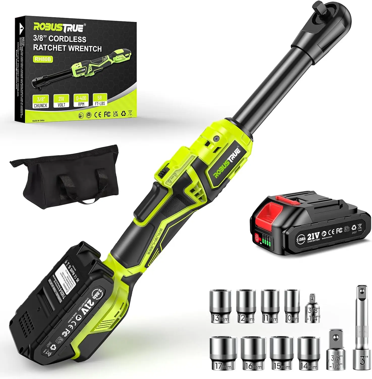 

Cordless Ratchet Wrench 3/8" Light Weight Electric Ratchet 58Ft-lbs (80N.m) 400RPM 6'' Extended Neck 2.0Ah Battery Power Tools