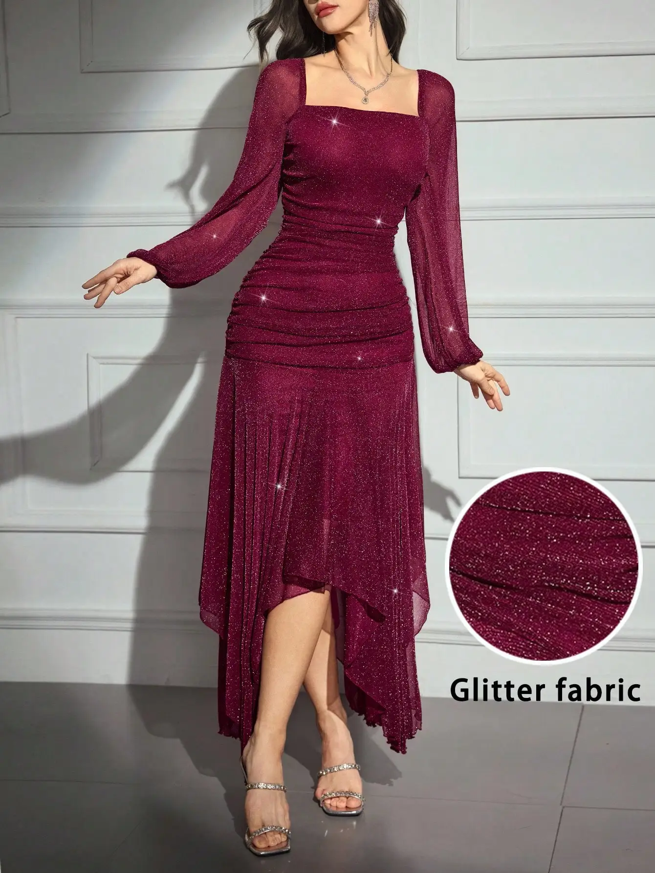 

Women's Glitter Square Neck Lantern Sleeve Ruched Asymmetric Hem Party Dress