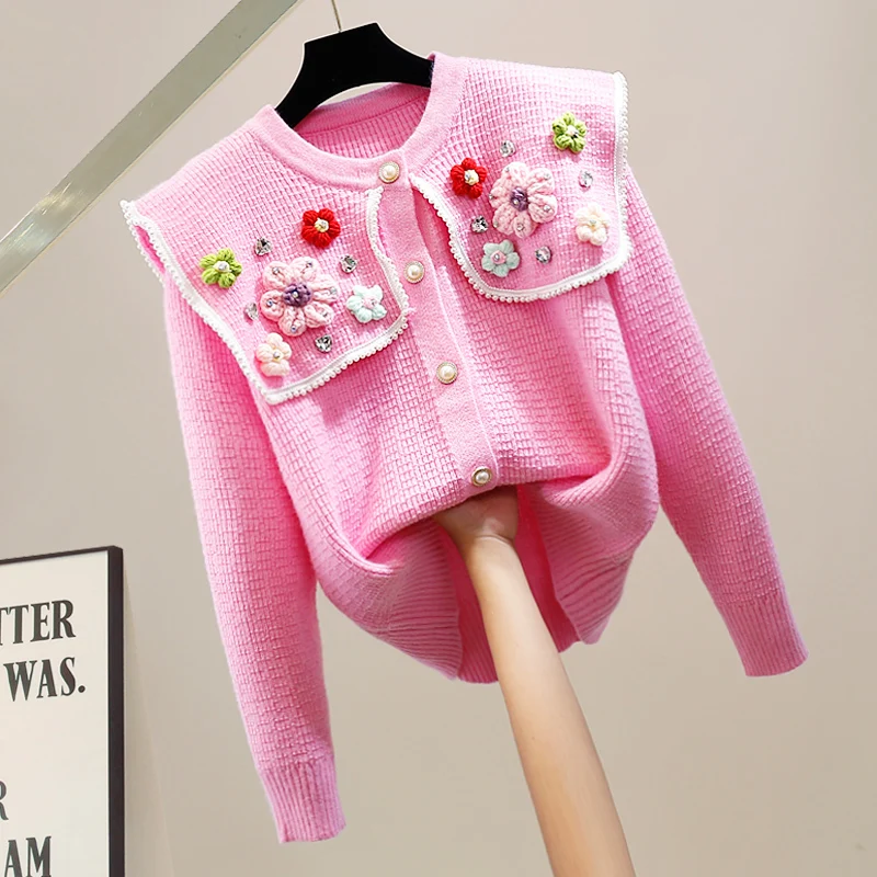 

Faionable Anti-Aging Diamond Embedded Beaded Long Sve Color Blo Doll Collar Sweater Design Heavy Embroidery Modern Sle