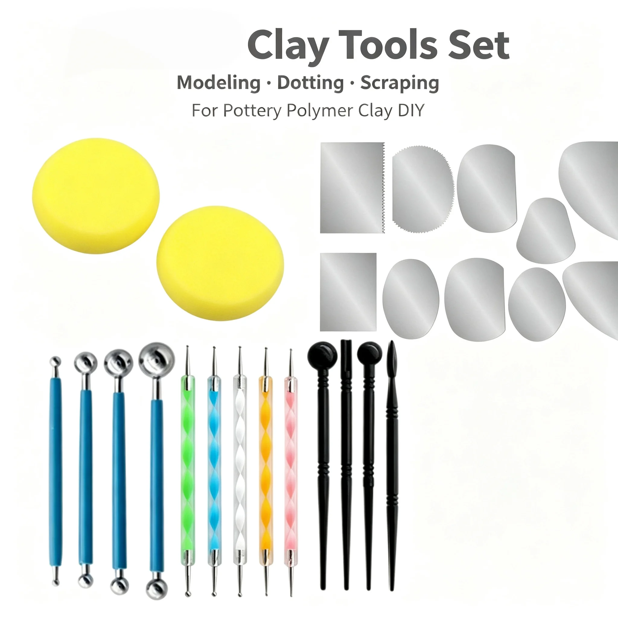 Polymer Clay Sculpting Tools Kit, Ball Stylus Dotting Pens, Modelling Carving Tools, Metal Scrapers & Sponges for Pottery DIY