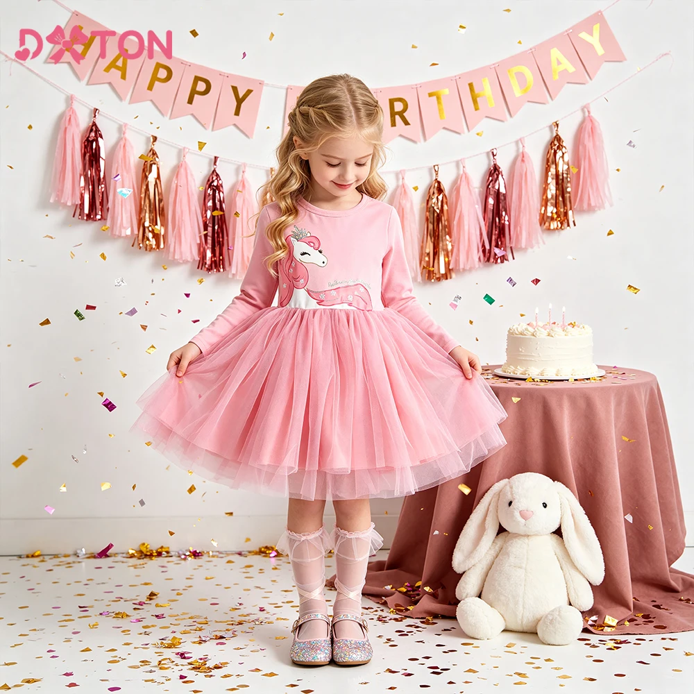 DXTON Baby Toddler Birthday Party Dress Autumn Long Sleeve Girls Casual Dress Cotton Kids Mesh Dress Children School Outerwear