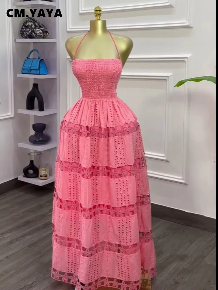 CM.YAYA mujeres Halter cuello sin mangas espalda descubierta ahueca hacia fuera Maxi vestido largo 2025 verano cumpleaños vacaciones playa vacaciones vestidos