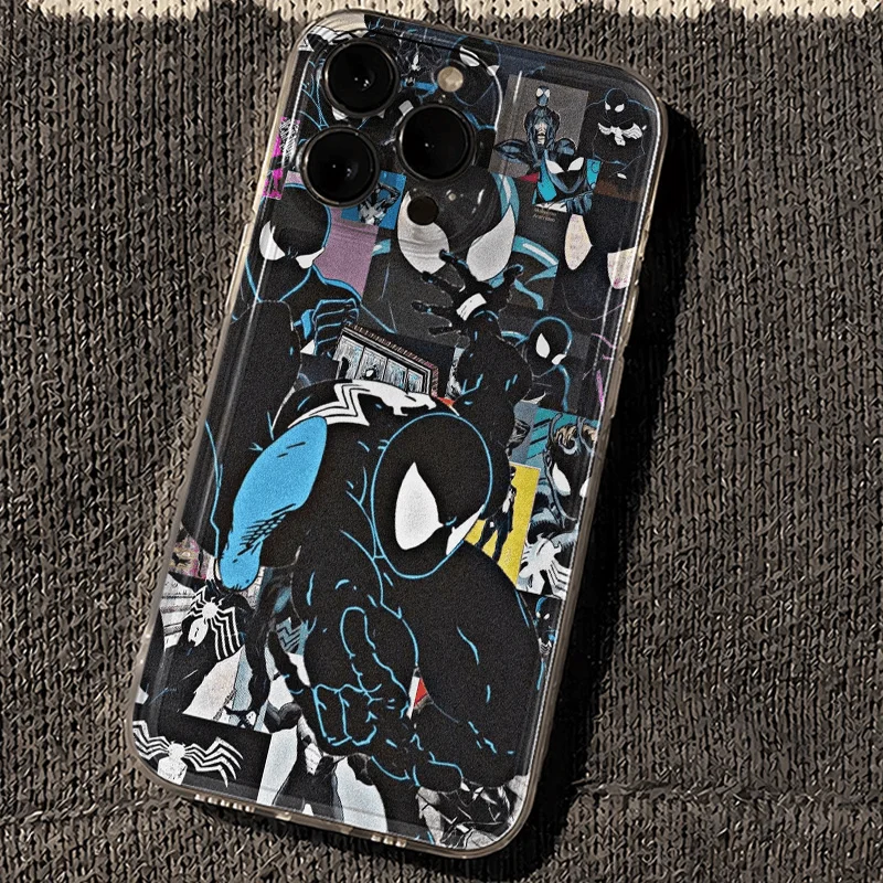 Marvel Cool Black Spider Man Soft Phone Case For iPhone 16 15 14 Pro Max 13 12 11 Pro X XR XS MAX 7 8 Plus Y2k Anti Fall Cases