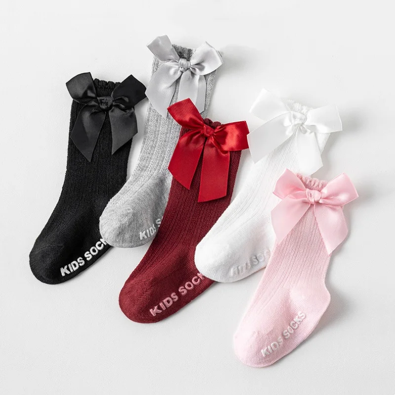 3Pairs/set Baby Girls Big Bow Knee High Socks Spring Autumn Children Non-slip Floor Sock Infant Toddler Princess Stockings 0-3Y