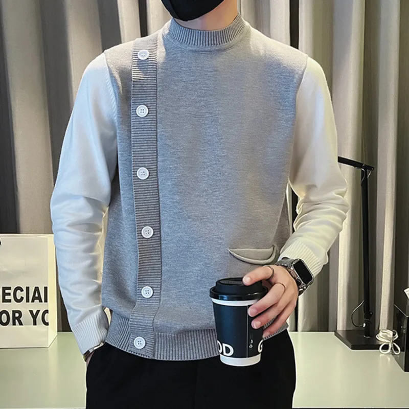 Fall Fake Two Pieces Contrasting Colors Pullover Sweater Streetwear Hip Hop Casual Outerwear Tops Men turtleneck Sweater