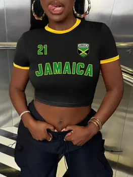女士「牙買加」字母印花休閒撞色修身短款T卹圖案T卹女式上衣T卹 8 最佳銷售 牙買加服裝 - №8