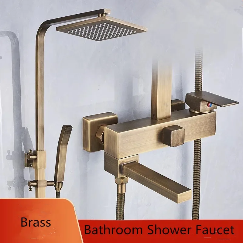 

Antique Bathroom Shower Faucet Set Square 8 inch Rainfall Mixer Tap Brass Bath