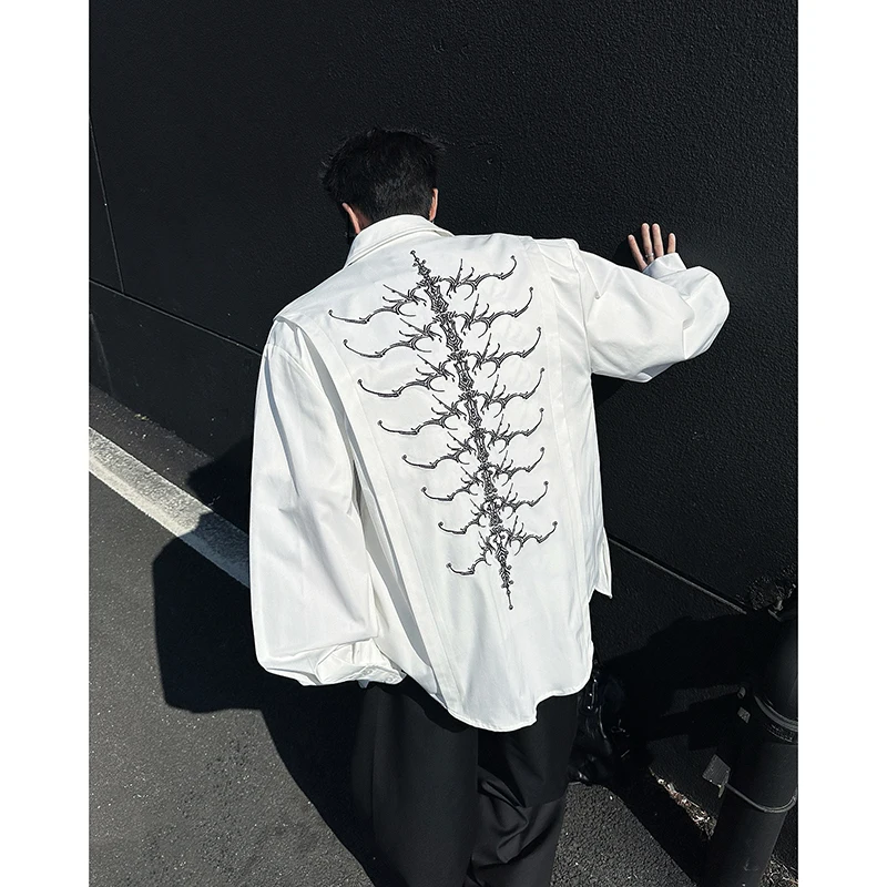 

Heavy Industry Embroidery Bead Spine Deconstruction Shoulder Cushion Shirt Men High Street Social Nightclub Performance Shirts