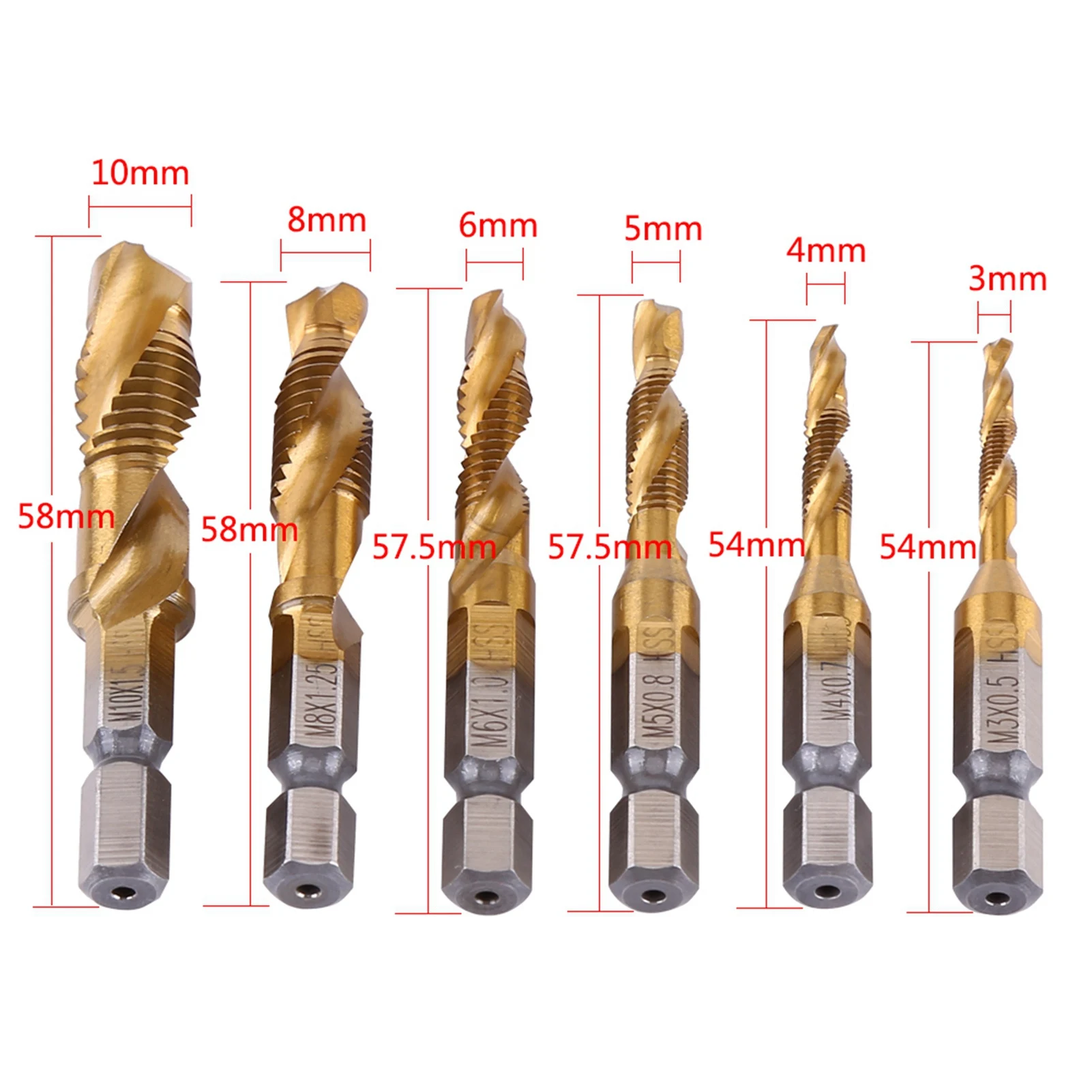 Thread Tap Drill and Tap Bit Metric Thread M3-M10 Titanium Coated HSS Drill and Tap Bits 1/4" Hex Shank Screw Taps Tool Set