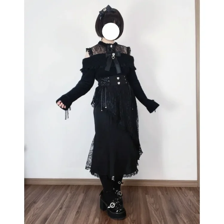 Harajuku Kawaii Lolita Kant Vissenstaart Rokken Y2k Slanke Taille Zwarte Rok voor Vrouwen Herfst Subculturele Mid-lengte Faldas mujer