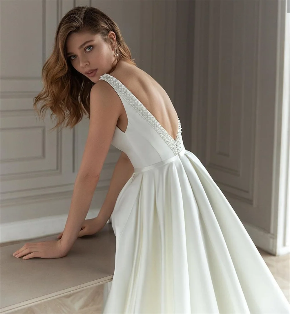 Robe de mariée en perles de satin classique, élégante robe de patients dos nu, robe de soirée formelle, A-ligne, personnalisée, éducative