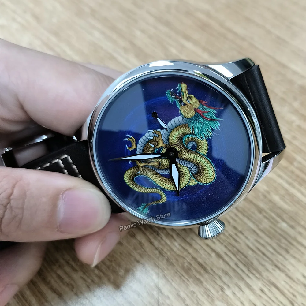 Parnis 44mm Hand Winding Mens Classic Dragon Dial Wrist Watch Customization Acceptable