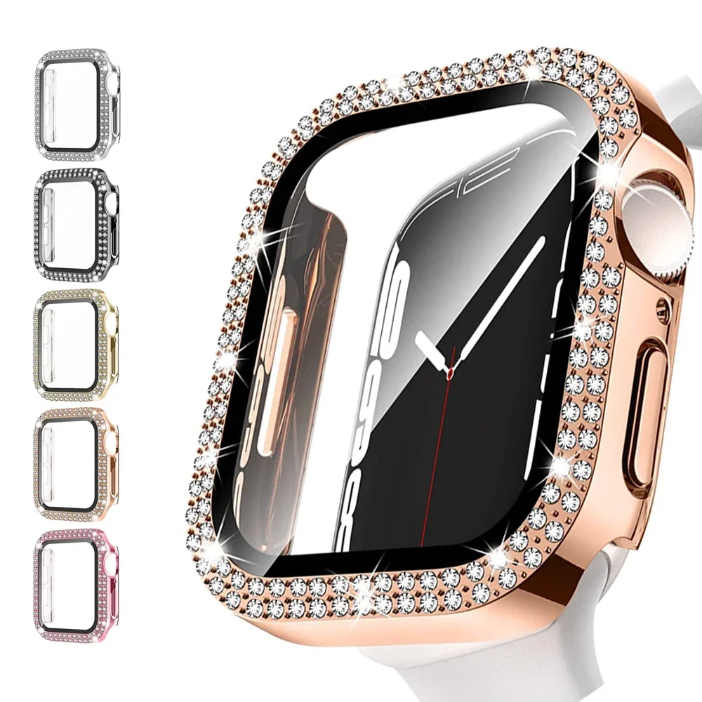 Copertura del diamante per la cassa dell'orologio Apple 45mm 41mm 44mm 40mm 42mm Bling protezione dello schermo del paraurti vetro iWatch serie 9 8 7 3 4 5 6 se