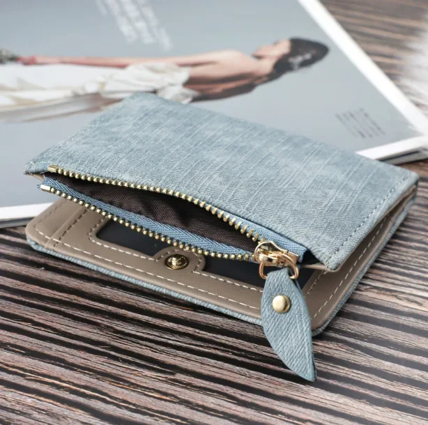 Jeans Style Women Short Wallets Cat Embroidered Canvas Clutch Large Capacity Buckle Fashion Coin Purse Women Handbags