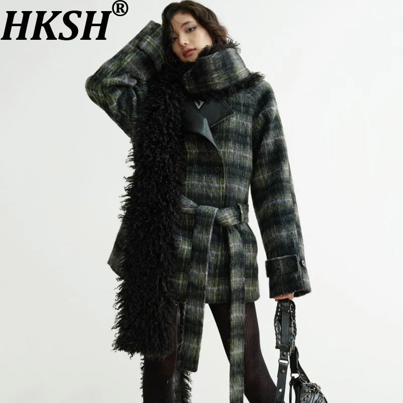 

HKSH Autumn Winter New Women Overcoat Tide Dark Long Scarf Plaid Mixed Color Woollen Coat Trend Elegant Fashion Ins Tops HK12656