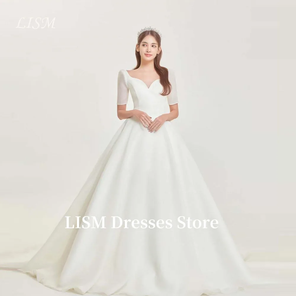

LISM Simple A Line Soft Satin Wedding Dresses Short Sleeves Sweetheart Sweep Train Bridal Gowns Vestidos de noiva Customized