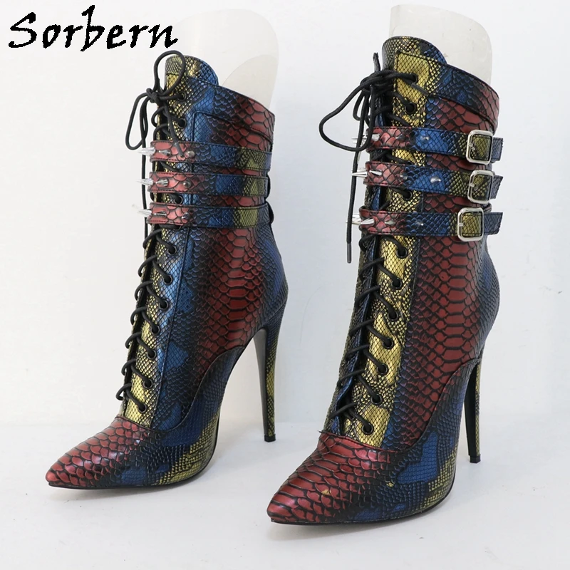 Sorbern Luxury Snake Colored Ankle Boots Women Buckle Straps Pointy Toe High Heel Stilettos Unisex Style Fetish Drag Queen Shoe