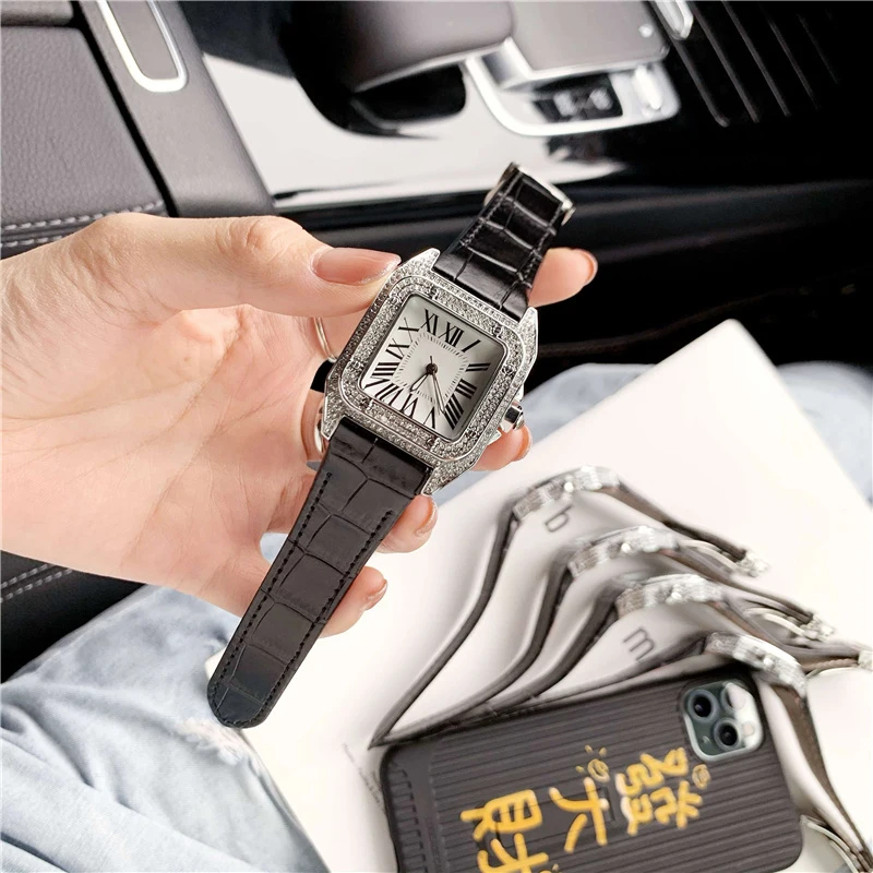Brand Wrist Watches Man Woman Unisex Square Diamond Crystal Style Quartz Black Leather Strap Luxury Clock