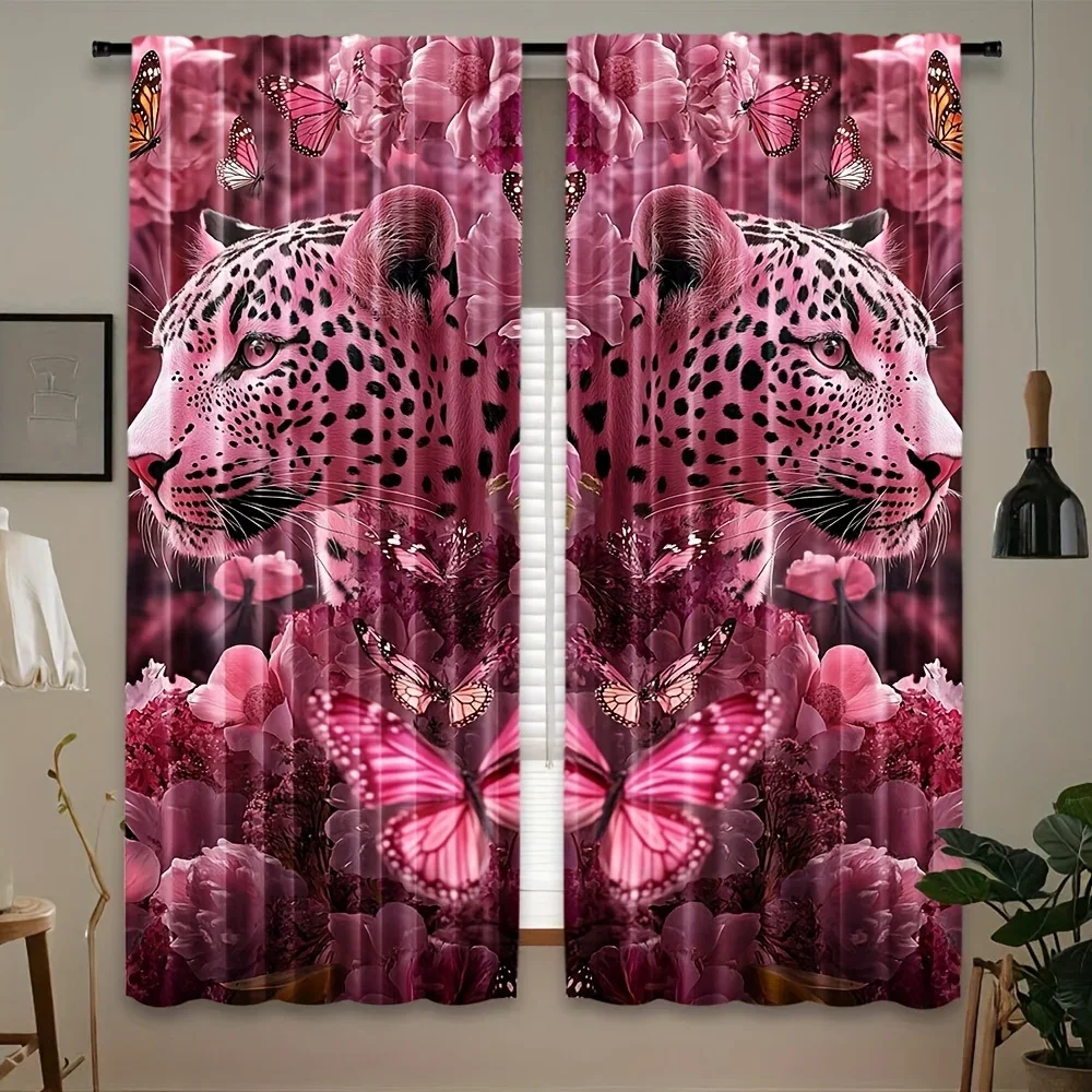 Vibrant Pink Leopard Print Floral Curtain Panels for Bedroom Living Room Home Decor Window Treatment