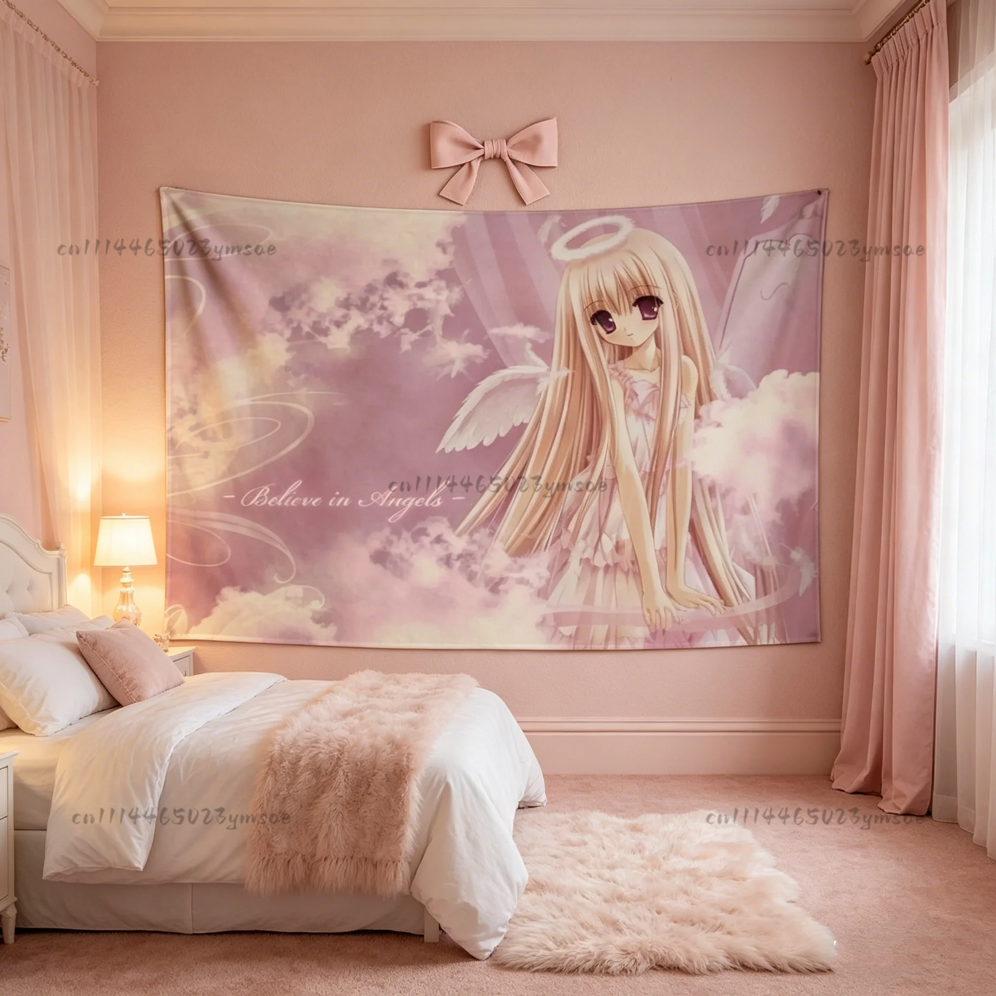 Cute Pink Angel Anime Aesthetic Tapestry Cute Pastel Wall Hanging Tapestries Room Decor Wall Cloth Baby Room Background Decor