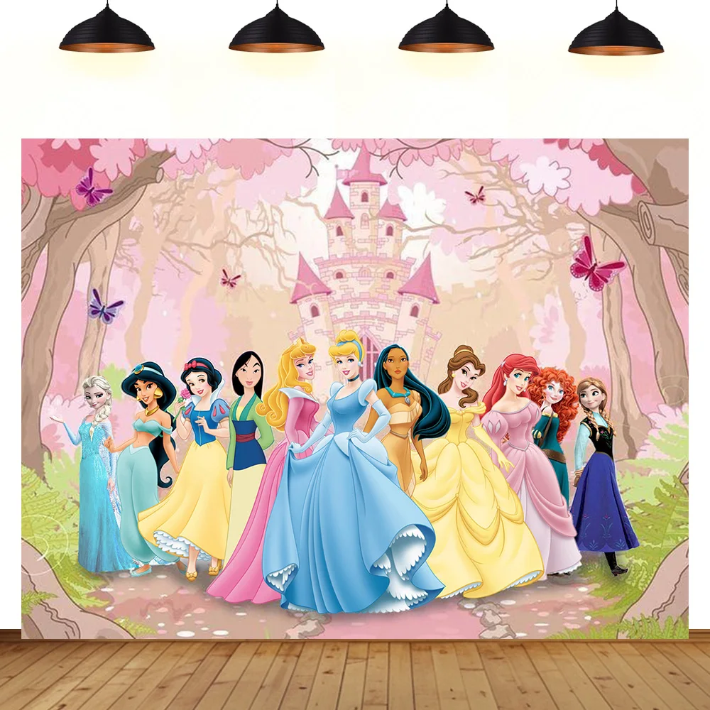

Princesses birthday party background pink princess castle girl birthday gift photography backdrop decoration