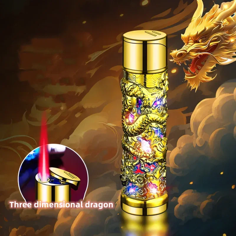 2024NEW Metal 3D Relief Dragon Lighter Windproof Butane Turbo Red Flame Portable Lighter Cigarette Accessories Trendy Men\'s Gift