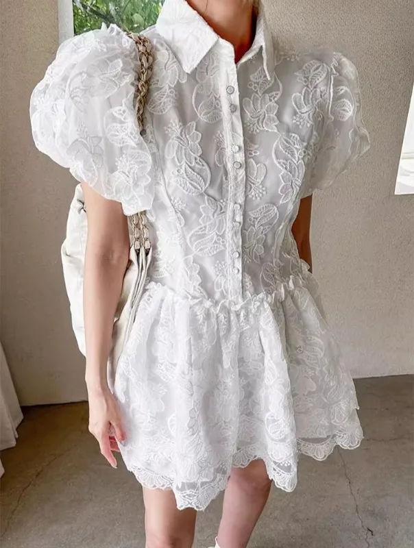 

Белое кружевное платье-торт, женское летнее платье с цветочной вышивкой, винтажная женская одежда, дизайн для подиума, женские платья с пышными рукавами