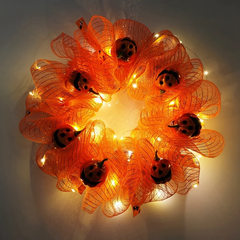 Couronne de Porte d'Halloween Artificielle d'Automne, Citrouille Noire et Orange, Tissu en Maille, Guirxiété pour Décoration Intérieure et Extérieure