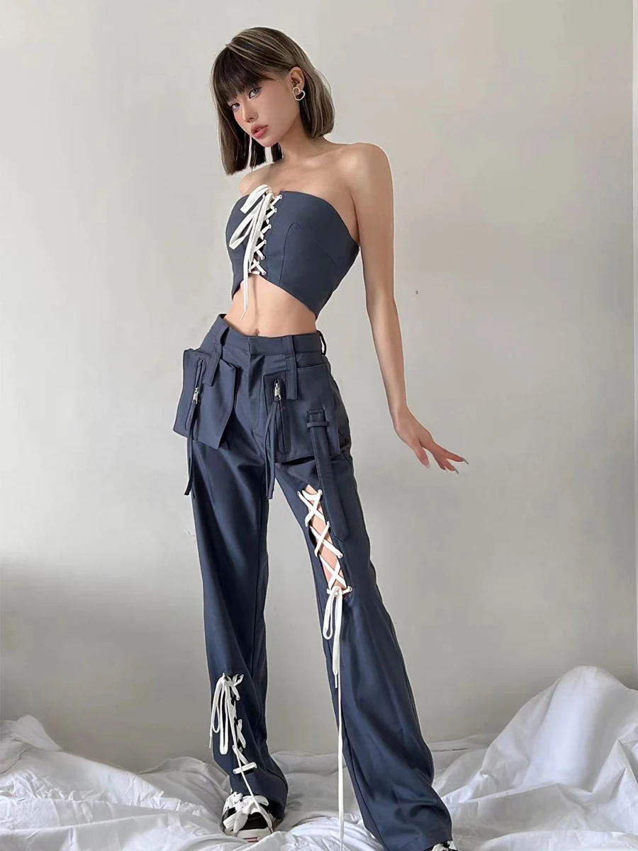 European and American Style Original Hot Girl Suit Summer Top Lace-up Tube Top Vest High Street Overalls Design Sense Wear Match