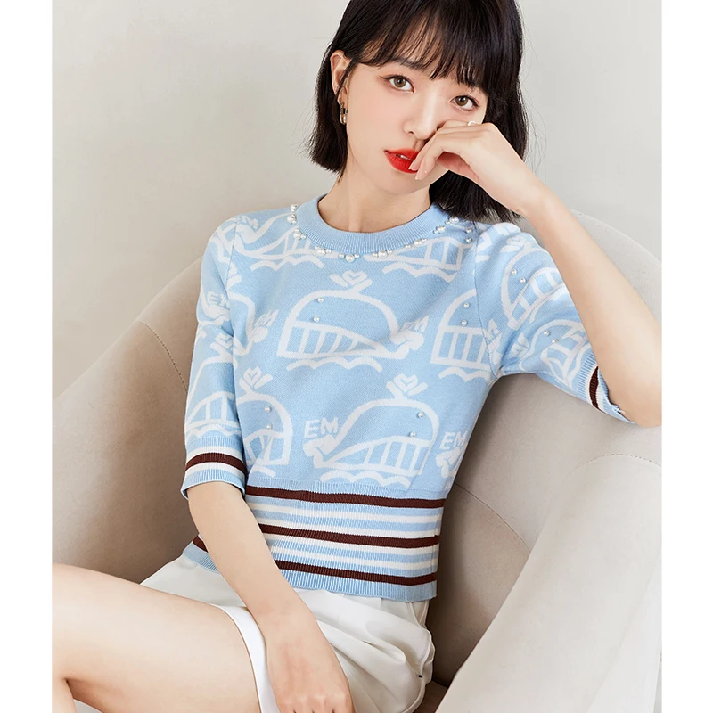 

2023 Summer New European Station Fashion Blue Pearl Cartoon Small Fragrance Knitted Sweater Women's Thin Casual Short Sleeve T-s