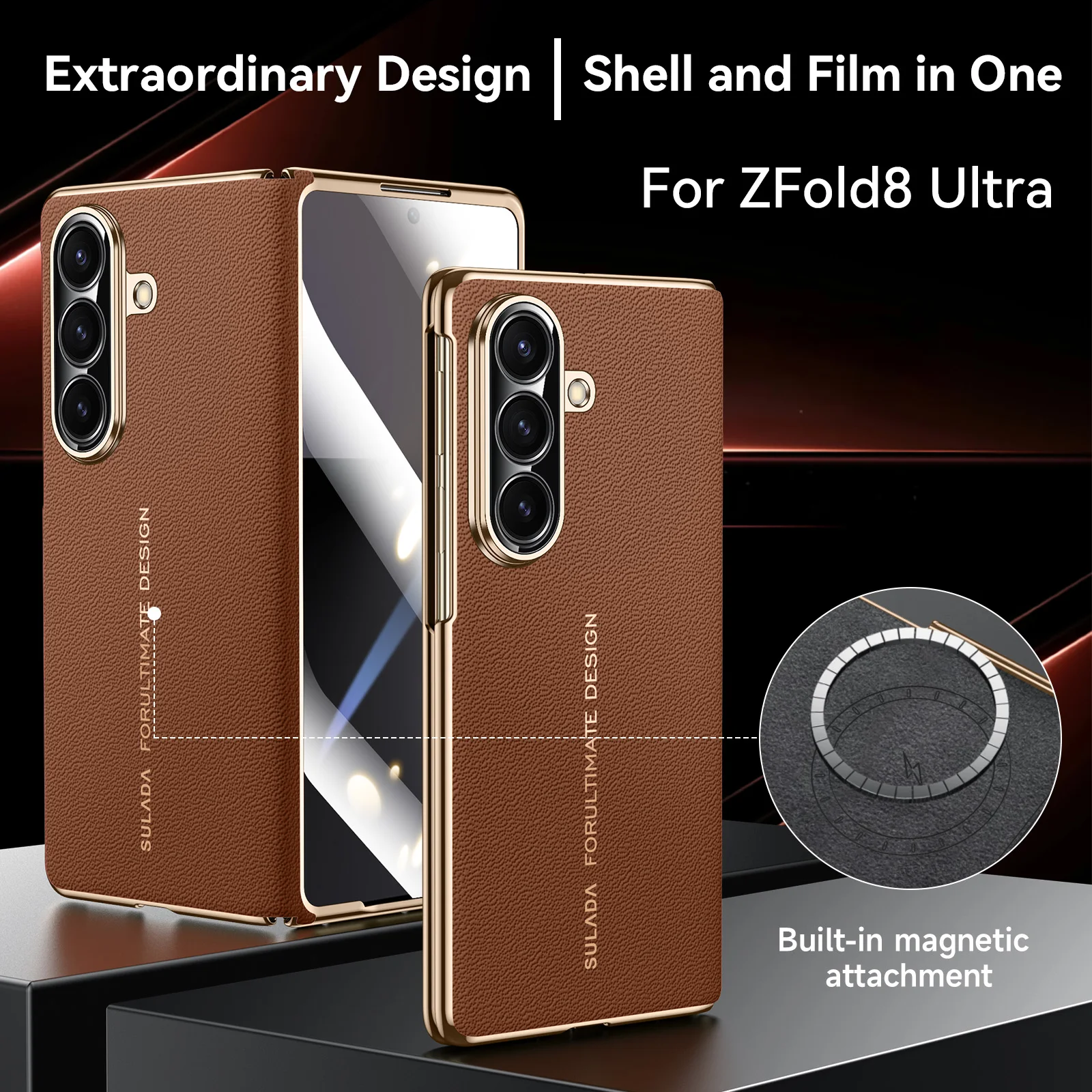 Luxury Film-Integrated Magnetic Leather Case for Samsung Z Fold8 Ultra Shockproof For Magsafe Central Axis Protection Slim Cover