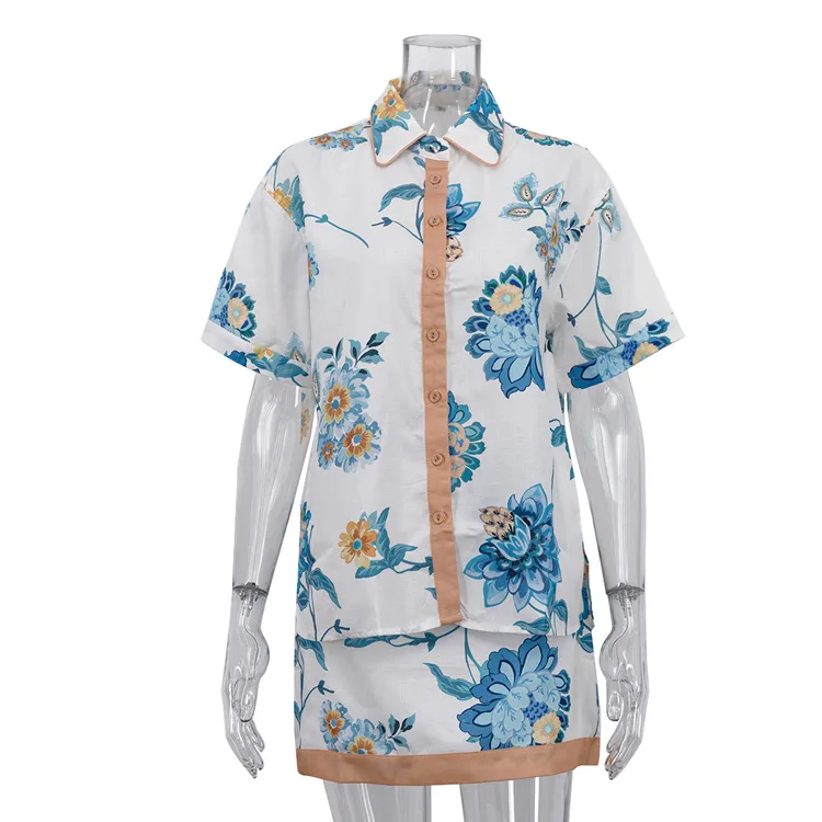 طقم تنورة مكون من قطعتين قميص عتيق بأكمام قصيرة مع تنورة قصيرة عالية الخصر طقم ملابس خروج فضفاضة مطبوعة للنساء طقم مكون من قطعتين #5