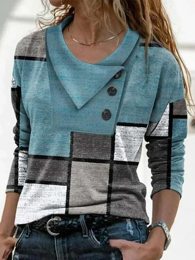 Moda Geometryczny nadruk T-Shirt Kobiety Casual Jesień Guzik Topy z długim rękawem Szykowne okrągłe koszulki z ozdobami 3XL