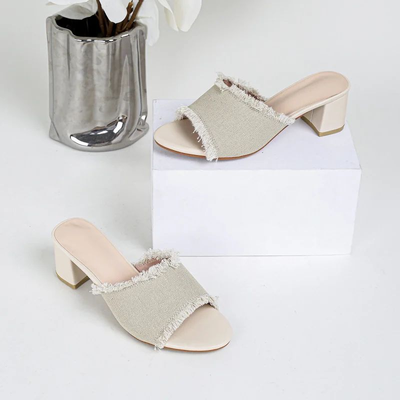 

Unique open-toe tassel denim slip-on sandals, casual retro fringed edge open-toe slippers