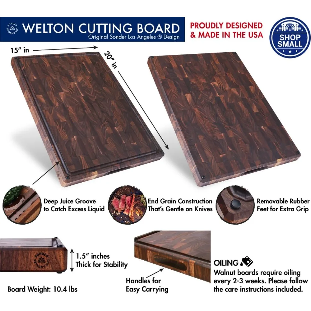 Large Thick End Grain Walnut Wood Cutting Board with Non-Slip Feet, Juice Groove for Kitchen 20x15x1.5 in