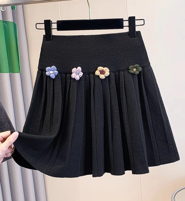 กระโปรงทรงเอเอวสูงไซส์ใหญ่สำหรับผู้หญิง สไตล์เกาหลี ผ้าถักลายดอกไม้ ดีไซน์หวานซ่อนเปรี้ยว  ใส่สบาย  ใหม่ล่าสุดสำหรับฤดูใบไม้ร่วง