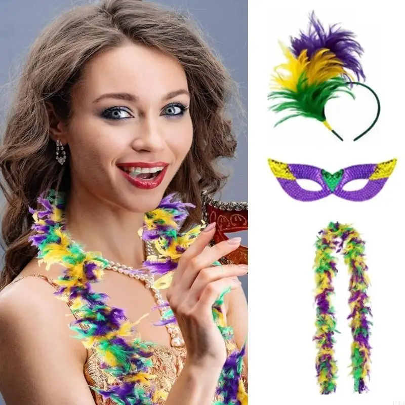 P88A Máscara para ojos Tricolor, diadema plumas, pañuelo para cuello, accesorios para disfraz Mardi Gras, conjunto y