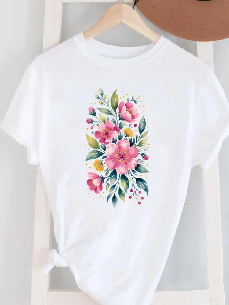 Kleidung Print T-Shirt Damen Casual Damen Grafik T Kleidung Mode Frau Trend Blume Niedliche weiße Kurzarm O-Ausschnitt T-Shirts