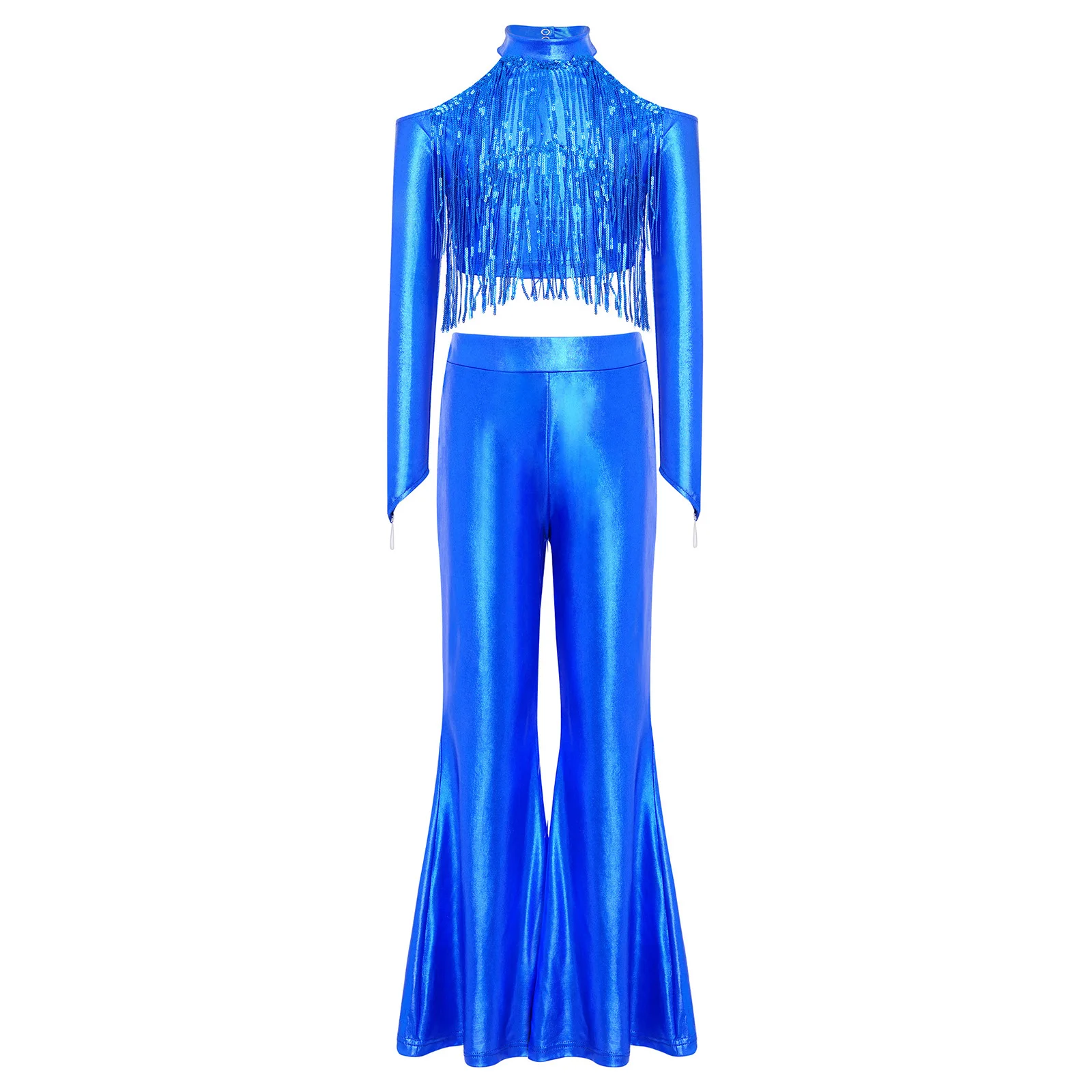 Kids Girls 70s Disco Jazz Dance Clothes Sequin Tassels Metallic Crop Top Flared Pants Movie Character Princess Cosplay Costume