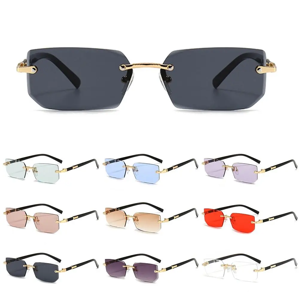 Modne okulary przeciwsłoneczne bez oprawek dla mężczyzn kobiety moda bezramowe prostokątne okulary przeciwsłoneczne Retro odcienie letnie okulary podróżne UV400
