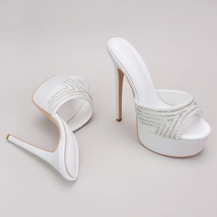 Women's white pearls Wedding sandals sexy platform leather 16cm plus size high heels party dress slippers caystal shoes view 6