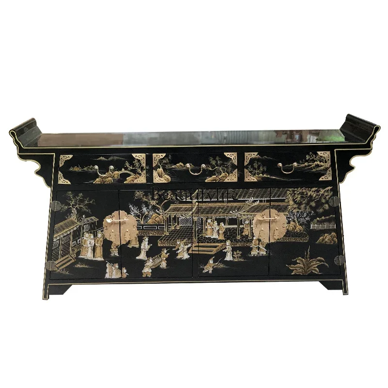 

1New Chinese-style entrance cabinet elm solid wood hand-painted painted warped head cabinet decorative antique table