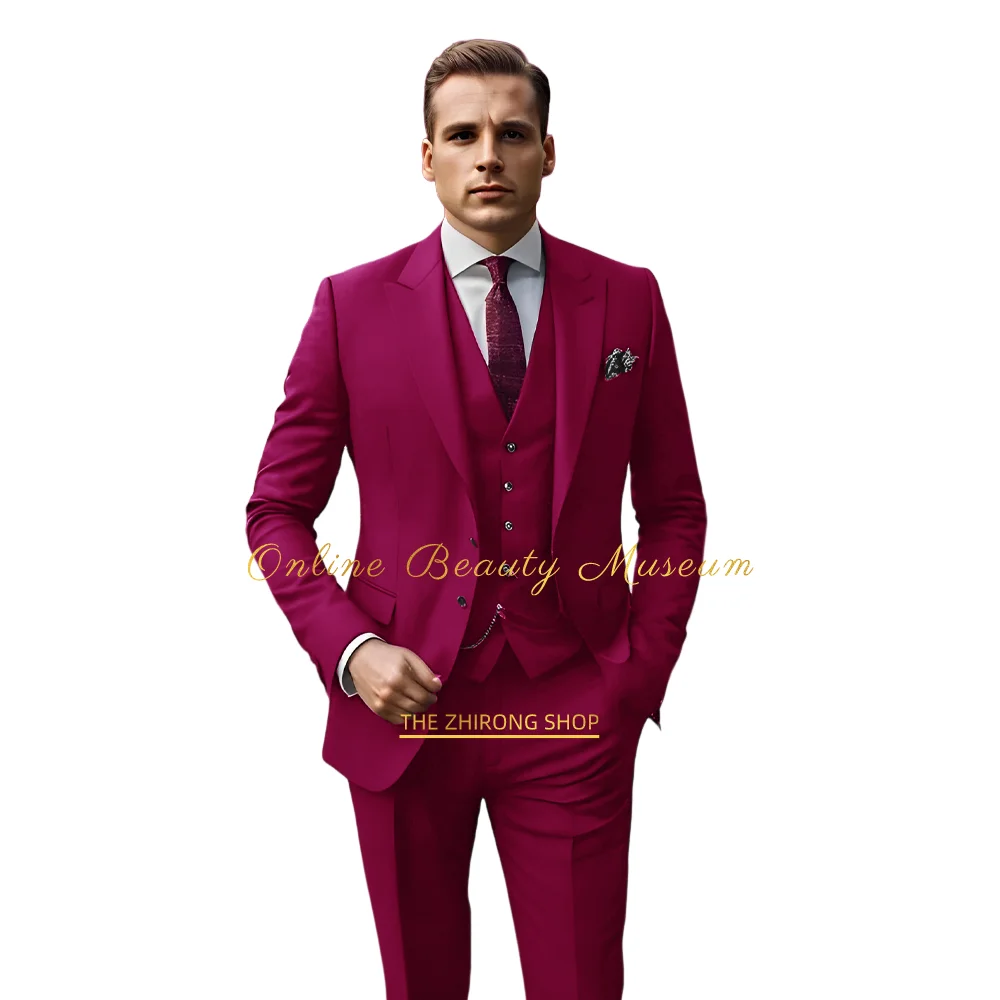 Mens Burgundy 3-Piece Suit (Jacket+Pants+Vest) Single Breasted Peak Lapel Regular Length Luxury Wedding Dinner Party, HANDMADE