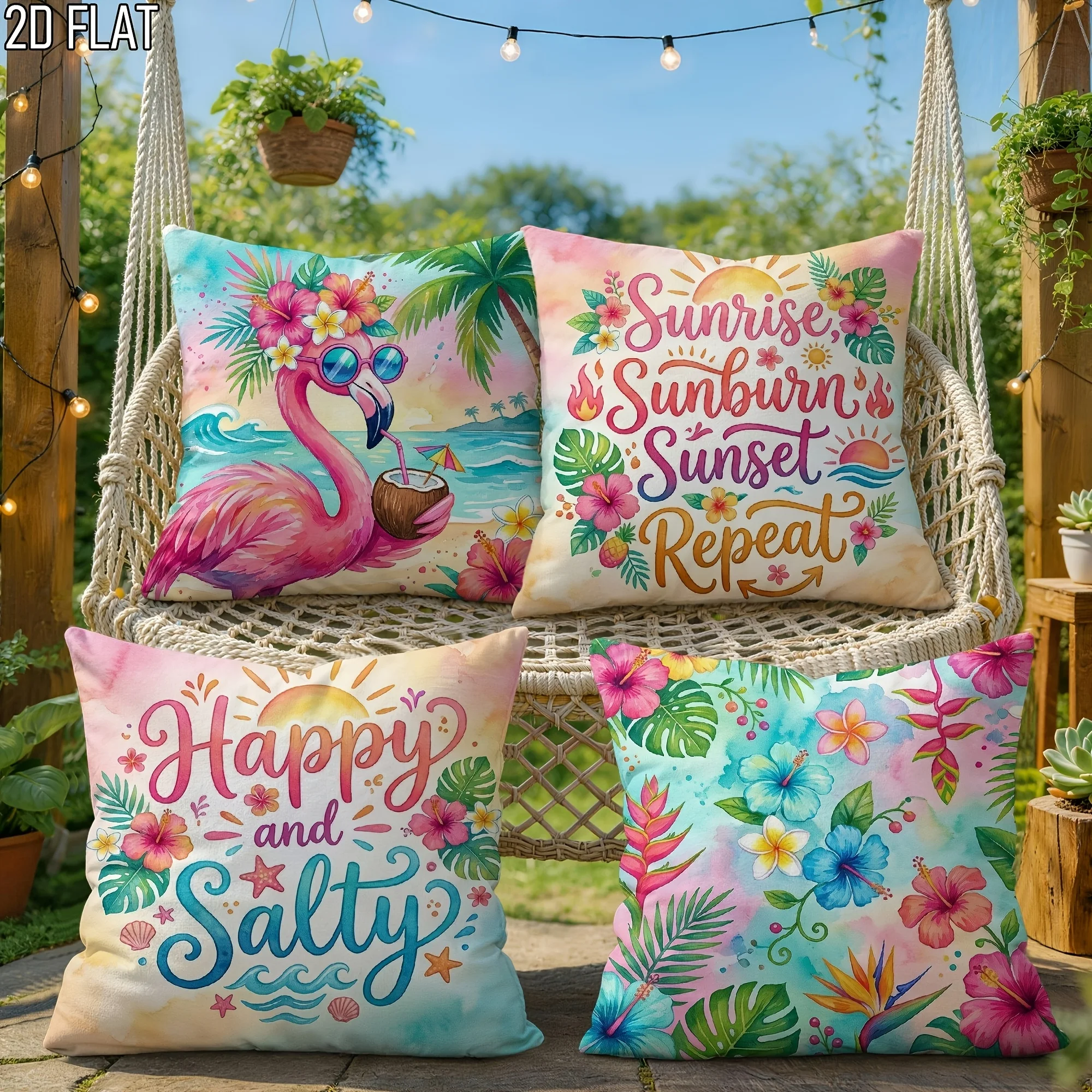 4Pcs Flamingo Pillow Covers 45x45cm Double-sided Printed Summer Quote Cushion Cases Tropical Beach Decor No Insert